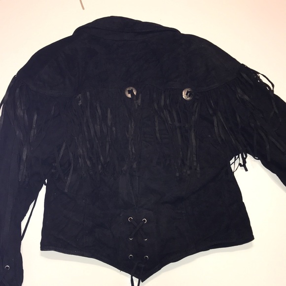 GIII Leather Fringed Jacket Black Size Medium Western Show Jacket - Picture 9 of 11